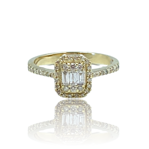 Ring i gult guld med baguette diamanter og brillanter