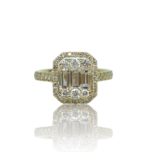 Diamantring i gult guld med baguette diamanter og brillanter